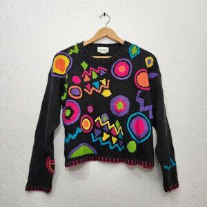 vintage retro black knit abstract crewneck sweater